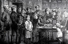 Group Celebrating Christmas Holiday With Singing And Music Vintage 1800s