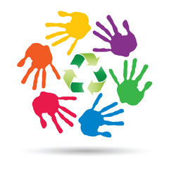 Sticker - Vector concept circle of hands, green recycle symbol