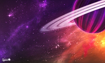 Wall Mural - saturn-like planet with asteroid belt on colorful outer space background. vector illustration.