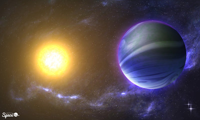 Wall Mural - the sun and earth-like planet from space point of view on cosmic background. vector illustration for