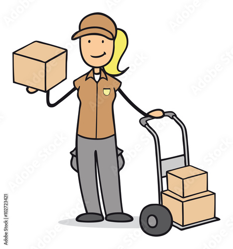 Cartoon Frau als Paketzusteller mit Paket  Stock 