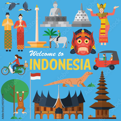 Fotografía Flat design, Illustration of Indonesia icons and landmarks