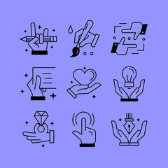 Set of line vectors icons in the flat style. Paintings and drawings, creative tools, hands and creativity.