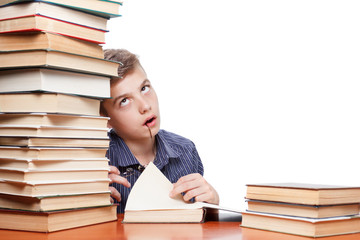 Boy is tired to read his book, isolated over white