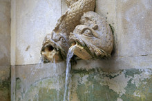 Two Stone Fish Fountain On The Wall In Lisbon