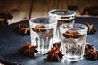 Homemade anise liqueur in a glass on a dark background, selectiv