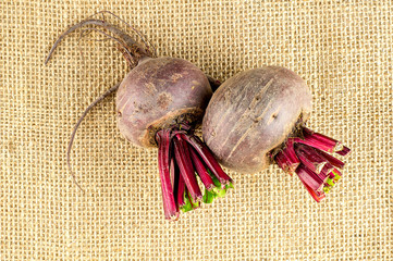 Aerial view of red beets with deep colored stalks