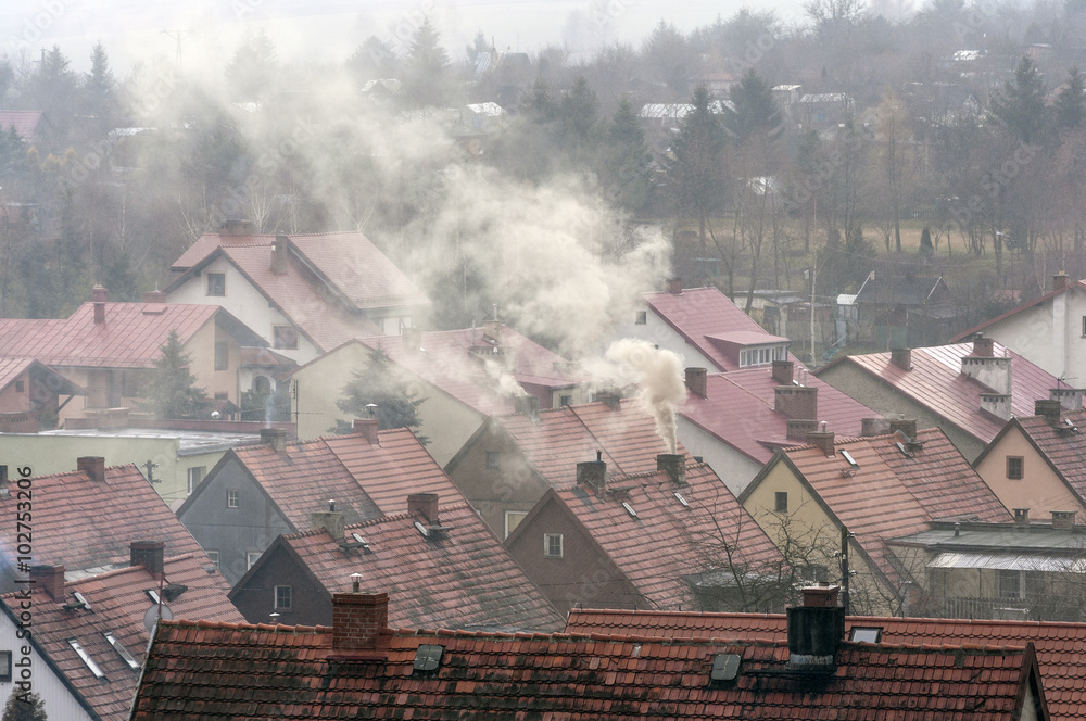 Dym nad dachami domów - obrazy, fototapety, plakaty 