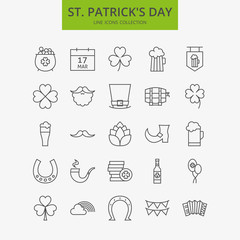 Wall Mural - Line Happy Saint Patrick Day Icons Big Set