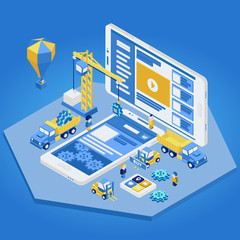 Mobile App Development, Experienced Team. Flat 3d isometric