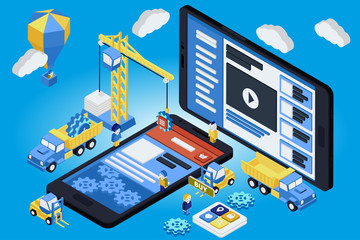 Mobile App Development, Experienced Team. Flat 3d isometric