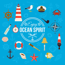Enjoy Ocean Spirit. Summer Nautical Typographical Background With Place For Text. Flat Style Design.