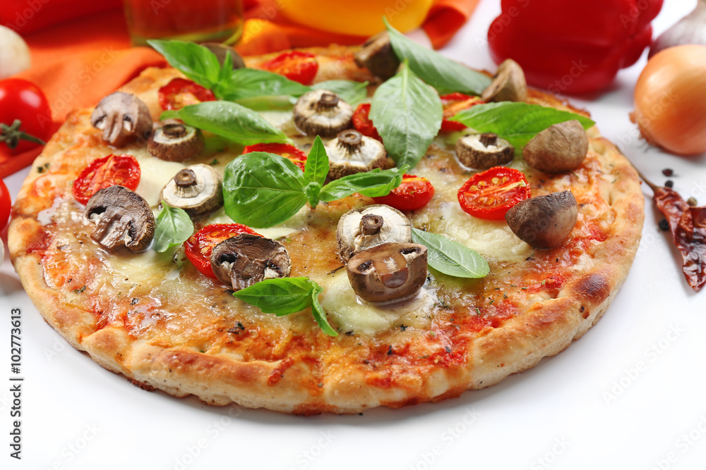 Delicious pizza and fresh vegetables on white background, close up