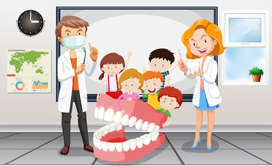 Wall Mural - Dentists and children in classroom