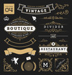 Set of retro vintage graphic design elements. Sign, frame labels, ribbons, logos symbols, crowns, flourish line and ornaments. Vector illustration