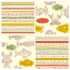 Wall Mural - Set of vector seamless ethnicity patterns with fish, crab and ca