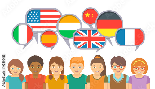 International kids communication in different languages. Happy smiling