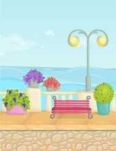 Sunny Cartoon Seafront Landscape, Vector Seaside Background. Stone Fence, Plants, Flowers, Benches, Paving.