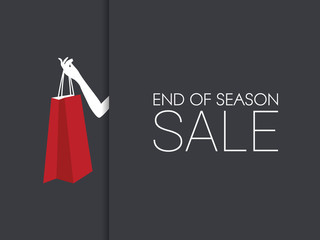 End of season sale banner with hand holding shopping bag and black background.