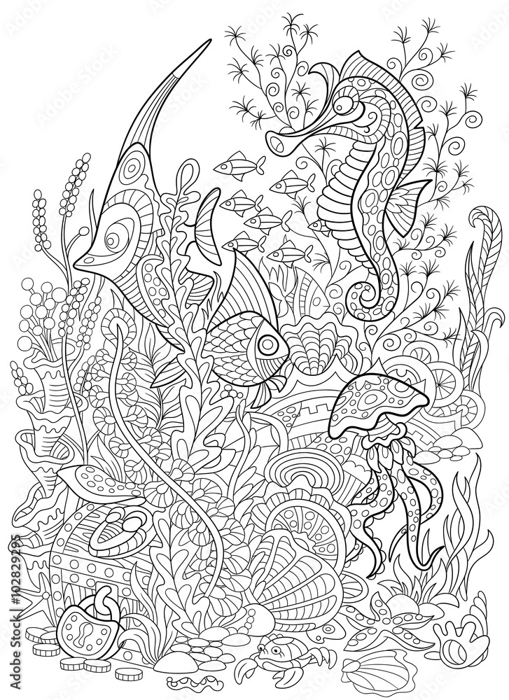 Zentangle stylized cartoon fish, seahorse, jellyfish, crab, shellfish ...