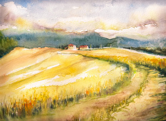 Wall Mural - Country landscape with typical Tuscan hills in Italy. Watercolors painting. 