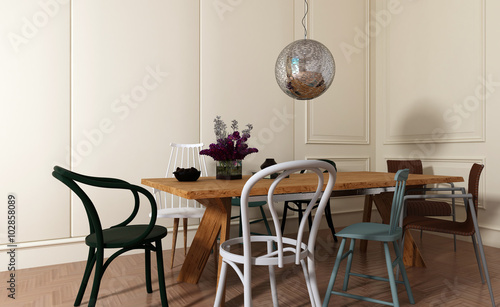 Dining Room With Wood Table And Mismatched Chairs This Stock Dining Room With Wood Table And Mismatched Chairs