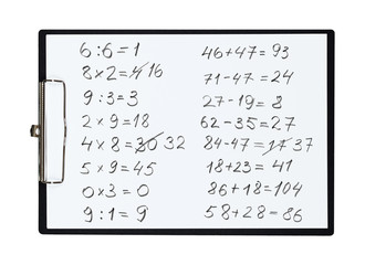 Clipboard and paper sheet with pencil drawing math task, isolated object