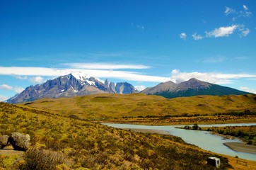 LAGUNA AMARGA, TORRES DEL PAINE NATIONAL PARK, CHILE - FEBRUARY, 8, 2016: View onto Laguna Amarga, with snow covered mountains in the background