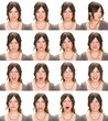 long hair brunette adult casual elegant caucasian woman collection set of face expression like happy, sad, angry, surprise, yawn isolated on white