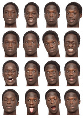 black brunette short curly hair young african man collection set of face expression like happy, sad, angry, surprise, yawn isolated on white