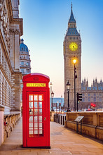 Traditional Red Phone Booth And Big Ben In London
