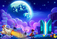 Illustration: The Kid Try To Hack A Planet's Core Energy System And Steal Energy For His Home Planet Which Is Falling Apart. Realistic Cartoon Style. Sci-Fi Scene / Wallpaper / Background Design.