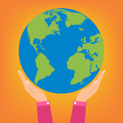 Woman two hands holding globe earth on orange background.