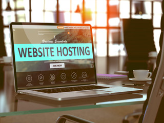 Website Hosting Concept. Closeup Landing Page on Laptop Screen  on background of Comfortable Working Place in Modern Office. Blurred, Toned Image. 3D Render.
