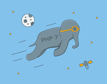 PHP 7 Programming Language Conceptual Illustration. Quick Flying Elephant Vector Illustration.