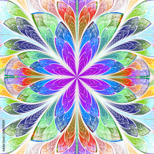 Obraz w ramie Multicolored symmetrical fractal flower in stained-glass window