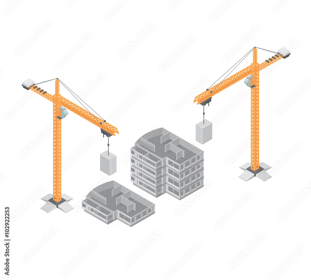 Isometric vector illustration of a construction site with cranes and ...
