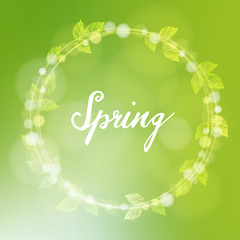 Wall Mural - spring background with wreath made of leaves and bokeh lights, vector