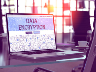 Wall Mural - modern workplace with laptop showing landing page in doodle design style with text data encryption. 