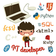 IT developer character. Cute programmer kid set.