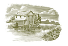Woodcut-style Illustration Of A Mill With A River Flowing By.