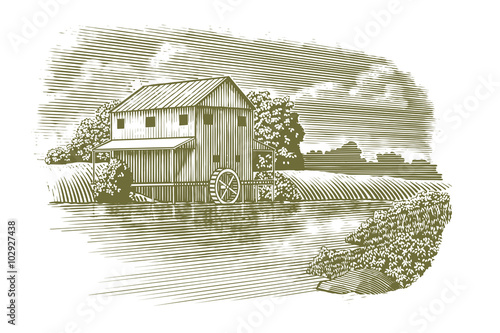 Fotografie, Obraz Woodcut-style illustration of a mill with a river flowing by.