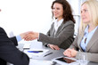 © rogerphoto - A group of business people at a meeting on the background of office. Business handshake. Focus on a beautiful blonde