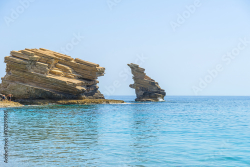 Fototapeta na wymiar Krete pebble beach. Mediterranean sea, Greece