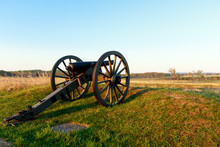 Color DSLR Stock Image Of A Civil War Cannon In A Field At Gettysburg, Pennsylvania Battle Memorial. Horizontal With Copy Space For Text