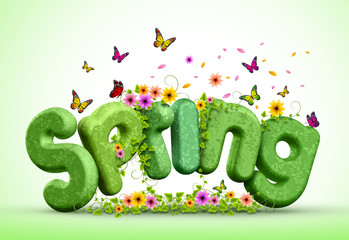 Wall Mural - spring poster design illustration of spring 3d rendered text with colorful flowers and flying butter