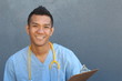 Smiling Asian male nurse with copy space on the right 