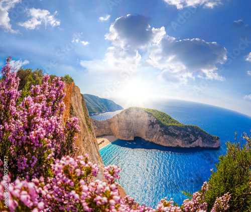 Fototapeta dla dzieci Navagio beach with shipwreck and flowers against sunset, Zakynthos island, Greece