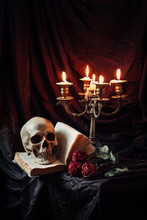 Still Life With Skull, Book And Candlestick