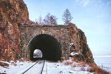 Railway Tunnel In The Rock In The Winter On A Clear Day